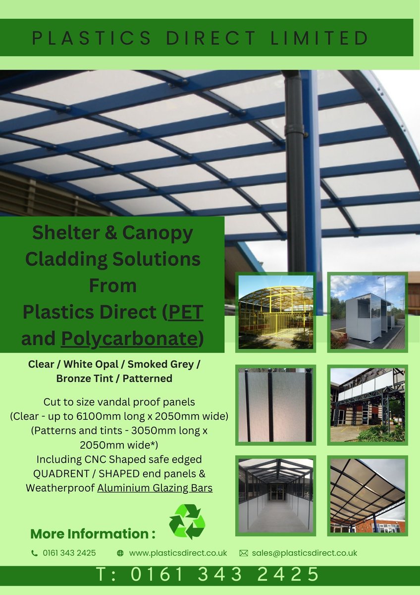 PlasticsDirect's tweet image. Shelter &amp;amp; Canopy Cladding Solutions From Plastics Direct Limited (PET and Polycarbonate)
Clear / White Opal / Smoked Grey / Bronze Tint / Patterned 
 
Cut to size vandal proof panels 
(Clear - up to 6100mm long x 2050mm wide)
(Patterns and tints - 3050mm long x 2050mm wide*)