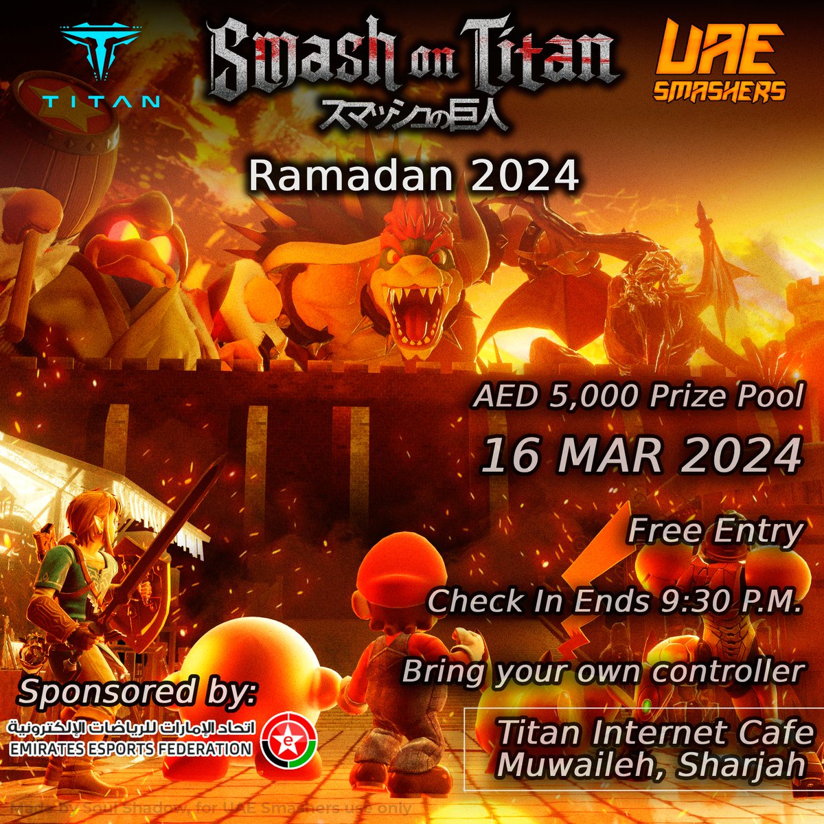 Ramadan Mubarak - join us for the Ramadan 2024 edition of Smash on Titan, taking place the night of 16/Mar/2024. With a prize pool of 5,000 Dhs, this event is sponsored by Emirates Esports Foundation. Register at: start.gg/tournament/sma… @titanunite