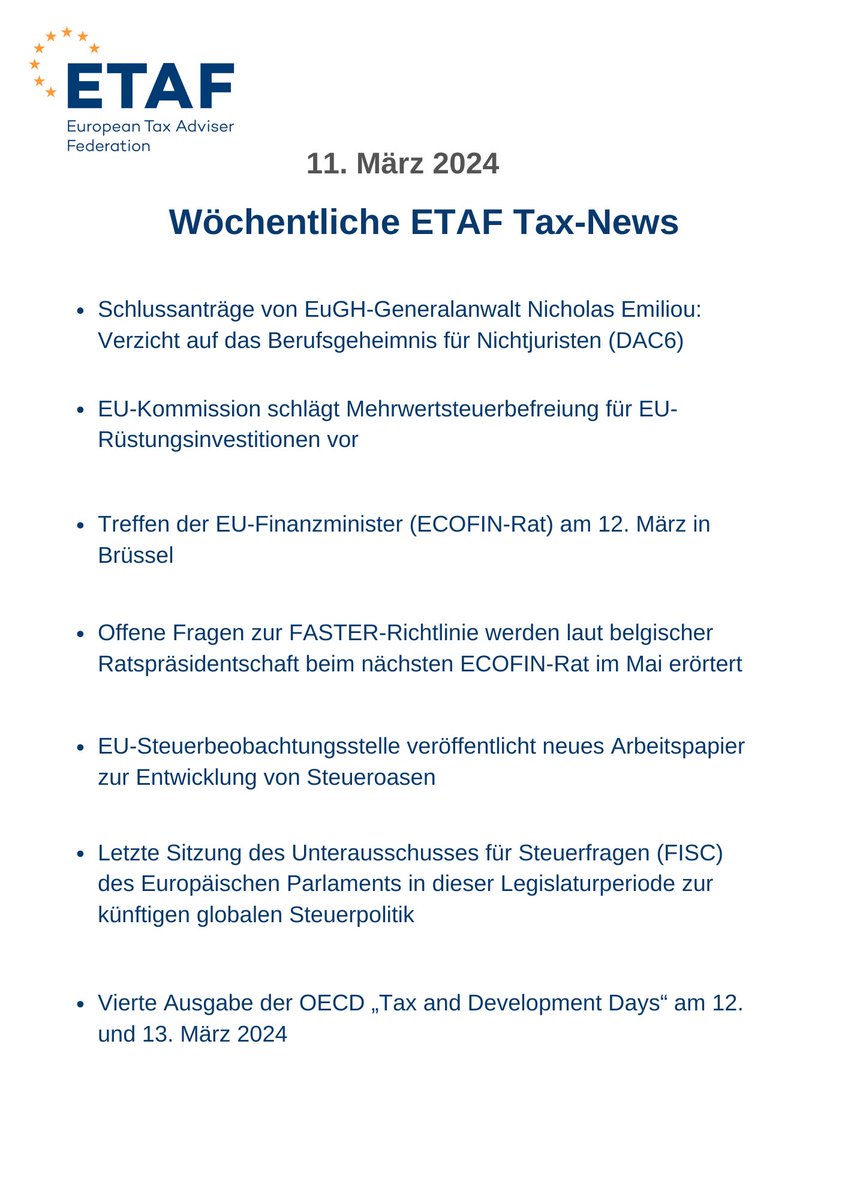 Montagnachmittag: Zu Wochenbeginn erscheinen wieder einmal die <a href="/ETAFtax/">ETAF</a> Tax-News 🗞️. Mit aktuellen und spannenden #EU News für den Berufsstand. Die englische Fassung gibt es im 1. Kommentar 🗯️. Lesen Sie mehr ⤵️⤵️
#TaxTwitter #tax