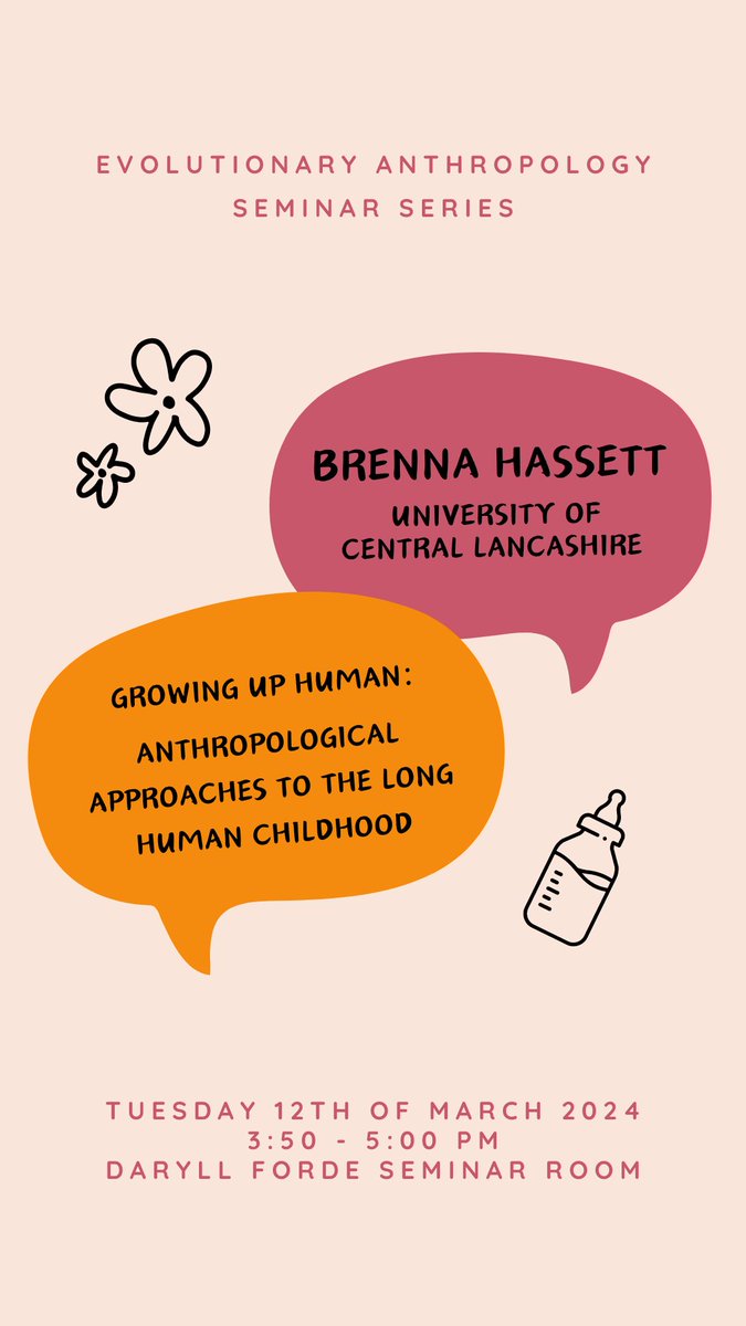 Join us tomorrow at 15:50 for an Evolutionary Anthropology Seminar on ‘anthropological approaches to the long human childhood’ with Brenna Hassett! Link to the seminar series: ow.ly/i8WB50QQfw9 #evoanth #evolution #seminar