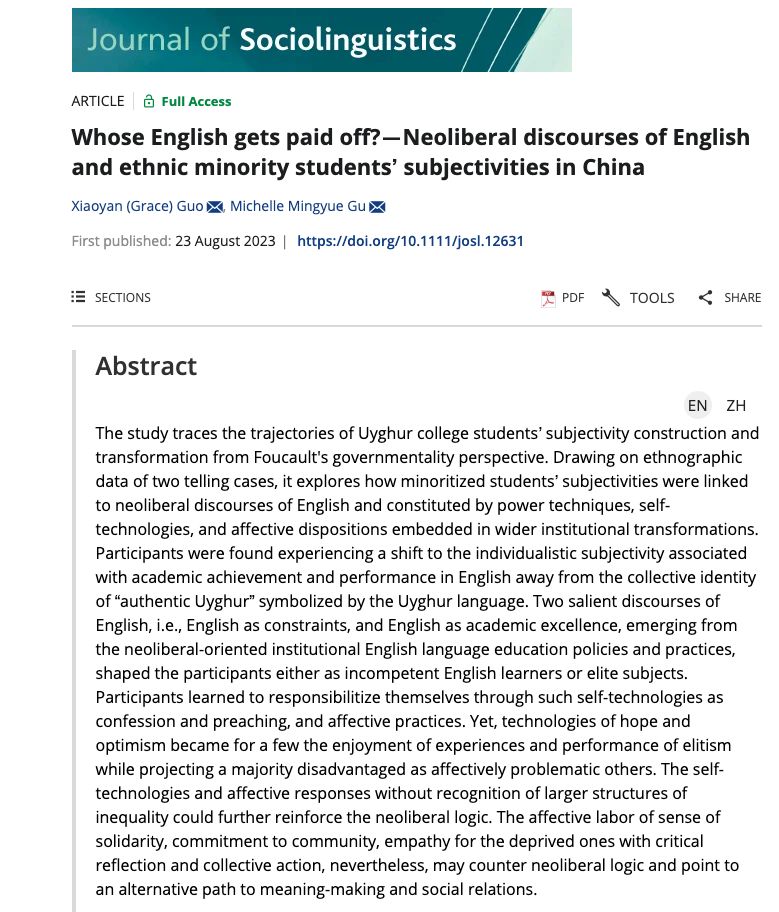 ✨ NEW #JSLX article: Whose #English gets paid off? #Neoliberal discourses of English and ethnic minority students’ #subjectivities in #China. ⬇️ Read abstract below. 🌐 Read full article for free here: buff.ly/3OYmeAU #sociolinguistics #governmentality