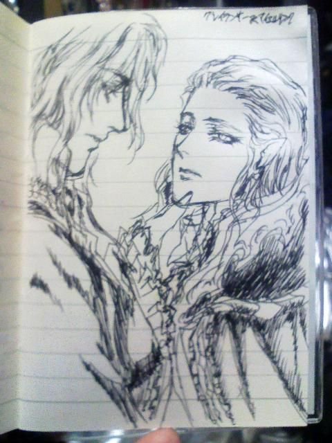 震災当時、夜に真っ暗でする事がなく懐中電灯とLEDランタンの明かりで気晴らしに描いていた絵
魔界都市(呪紋大三郎&メフィストのダミー)と貴族グレイランサー(グレイランサー&マイエルリンク)とHELLSING(デルアー)
