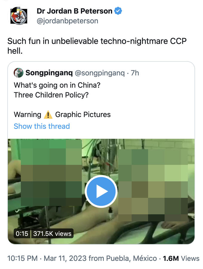 On this day one year ago, Jordan Peterson quote retweeted a male-milking fetish pornography video believing it to be a Chinese sperm factory that violated human rights.