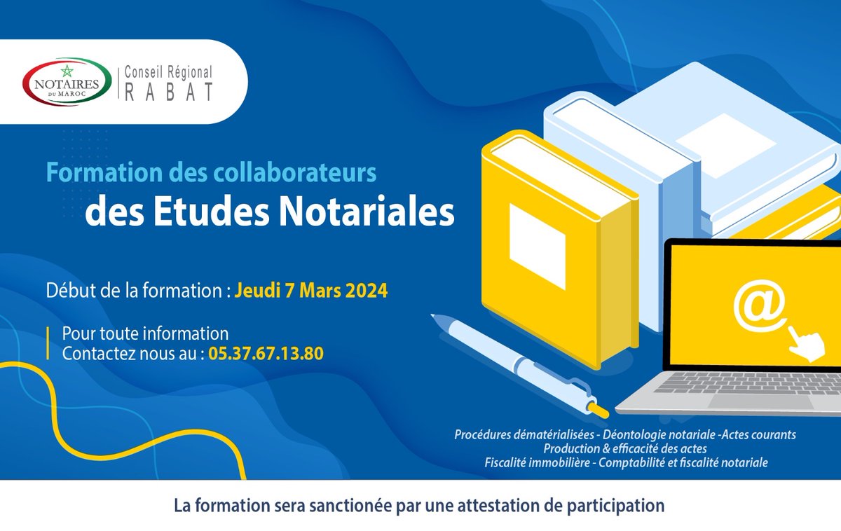 NotairesDeRabat's tweet photo. Le Conseil Régional des Notaires de Rabat a lancé, jeudi dernier,une formation intensive destinée aux collaborateurs des études notariales de la région de Rabat.
#collaborateurs #notaires #Rabat https://t.co/XGDF0w96dF