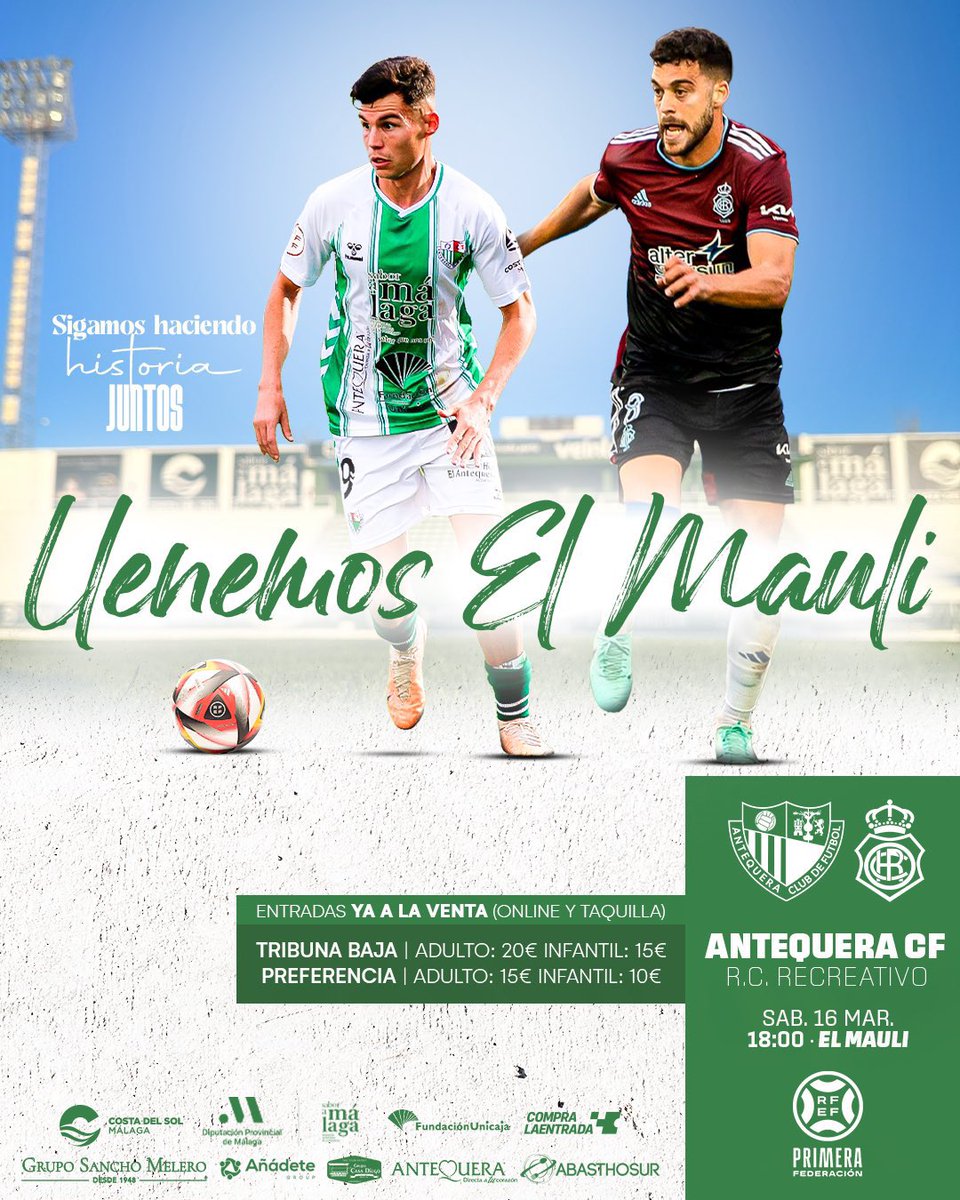 fer_gonzalez78's tweet image. Semana de partido grande en #ElMaulí. Puede verse como duelo directo por el playoff pero para el @AntequeraCF es también un choque clave por la salvación. 

20€ en Tribuna y 15€ en Preferencia. Hay 680 entradas en la zona visitante (15€) a disposición del @recreoficial