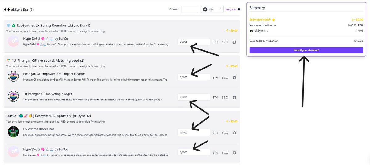 💸zkSync - Donations, jak to zrobić??

Jak już wiecie, na #zkSync jest aż 6mln walletów. Tak sobie myślałem, jak można jeszcze wyróżnić się na tle innych użytkowników i poza "Paymaster", które już wrzucałem jakiś czas temu, postanowiłem wrzucić trochę $$ na Gitcoin Grants.
Co
