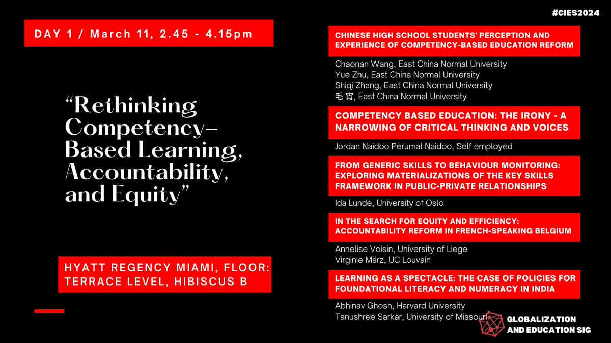 ONE HOUR TO GO!
Happening from 2.45 - 4.15pm 

"Rethinking competency-based learning, accountability, and equity"

Venue: Hyatt Regency Miami, Floor: Terrace Level, Hibiscus B

<a href="/jordannaidoo1/">Jordan Naidoo</a> <a href="/IdaMLunde1/">Ida Martinez Lunde</a> <a href="/abhinavghosh_/">Abhinav Ghosh</a> <a href="/sarkar_aaj/">Tanushree Sarkar (she/her) | tsarkar.bsky. social</a>