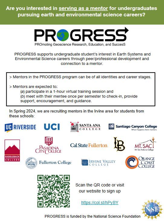 If you live in Orange County, consider mentoring undergraduates in earth and environmental science through the PROGRESS program. All ages and career stages welcome! PROGRESS offers a professional development workshop and mentor connections.