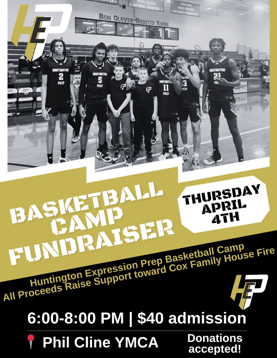 HEP 🏀 Camp Fundraiser! All proceeds support the Cox Family House Fire! A great cause & fun learning basketball skills / techniques from HEP Coaches & Players! 6-8 PM @ Phil Cline YMCA $40 admission! Ages 5-17 The Cox family of 5 lost everything recently in a house fire.