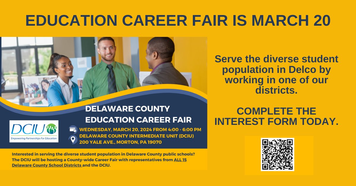 The county-wide career fair offers a great opportunity for current and future educators to meet today’s decision-makers from 15 public school districts and DCIU. Click link or scan the QR code: …ecountyintermediateunit.formstack.com/forms/job_fair…