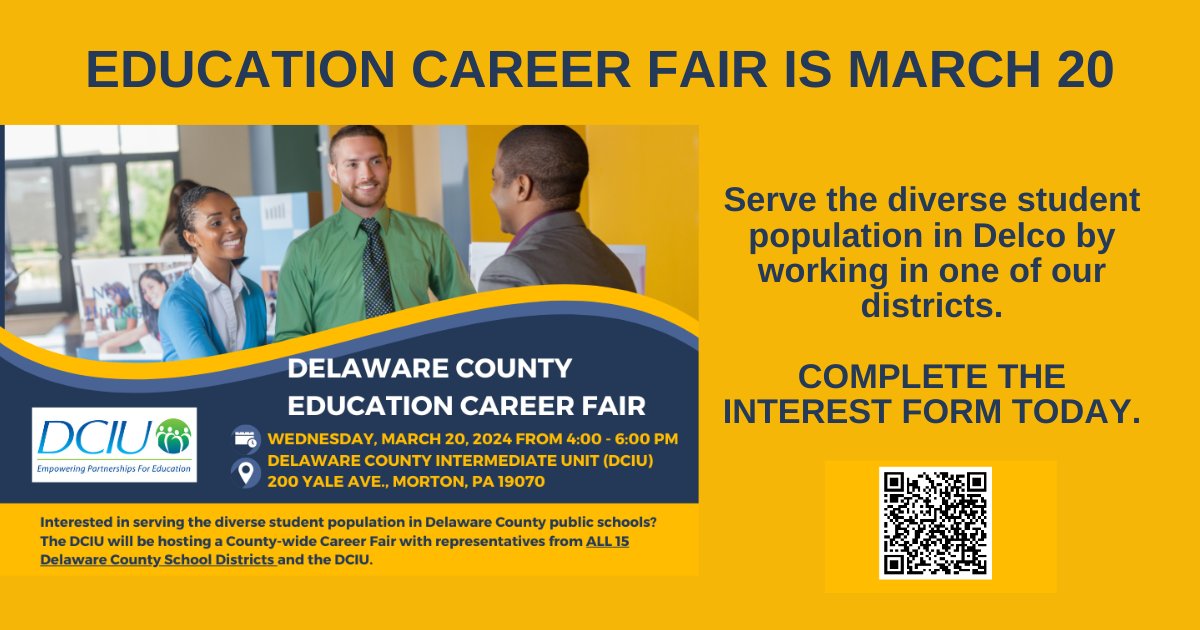 The county-wide career fair offers a great opportunity for current and future educators to meet today’s decision-makers from 15 public school districts and DCIU.  Click link or scan the QR code: …ecountyintermediateunit.formstack.com/forms/job_fair…