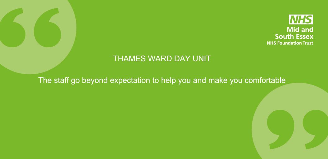 It's that time of the week again, #FeedbackFriday. This week, we would like to share some great #feedback for the Thames Ward Day Unit team at #Basildon Hospital. Well done to all of the team involved👏@MSEHospitals @Pamcharleswort1