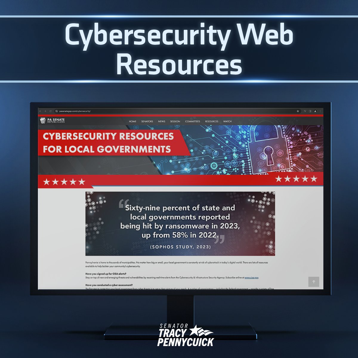 #Pennsylvania’s thousands of local governments can access resources to combat the constant threat of #cyberattacks with a new web clearinghouse unveiled by myself and @SenatorRBrown. 

senatorpennycuick.com/2024/03/06/pen…