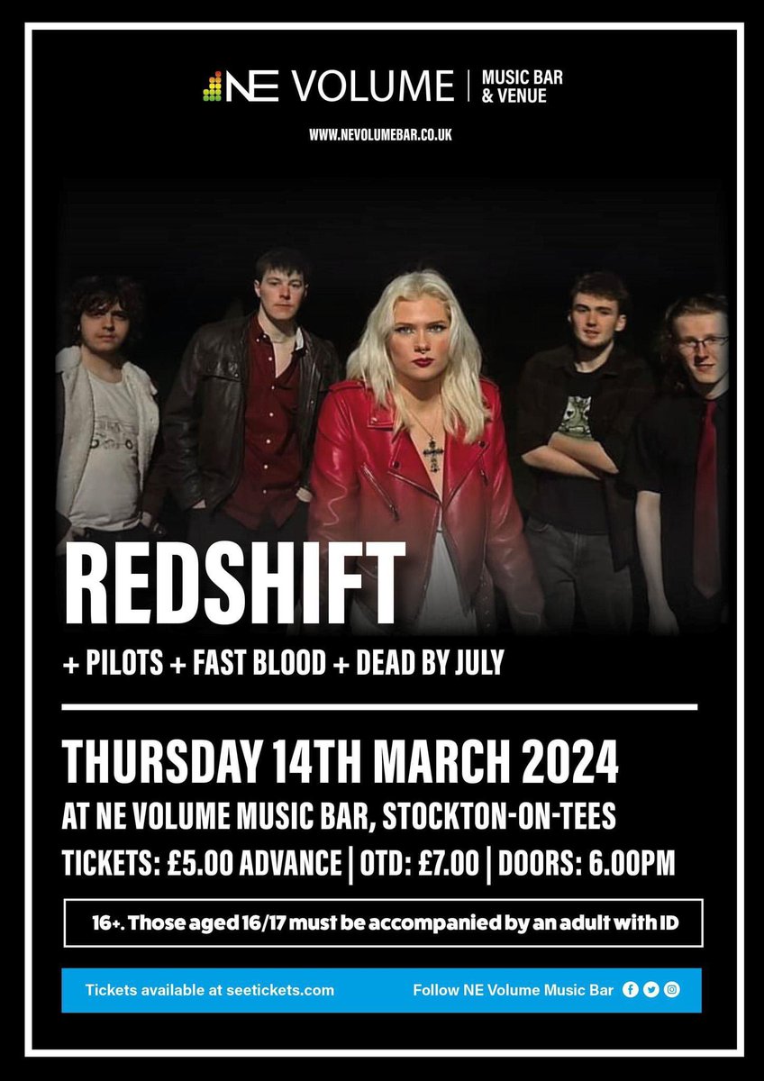 On Thursday we welcome back young alt-rock outfit, Redshift, who have been making waves in the Teesside music scene this year.

Support comes from adrenaline-fuelled outfit Newcastle indie-punk band Fastblood and alt-grunge band, Dead By July.

Tickets: seetickets.com/event/redshift…