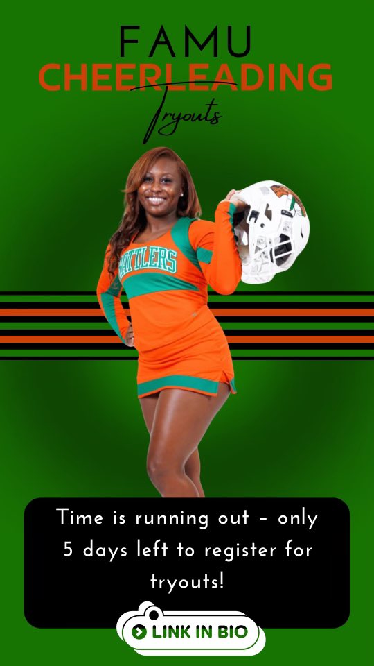 FamuCheer's tweet image. Think you’ve got what it takes to represent the orange and green💥🐍? Show us your spirit ✨and skills at FAMU Cheer Tryouts! Click that link in our bio to secure a spot! #famucheer #rattlerpride🐍 #linkinbio  #cheertryout