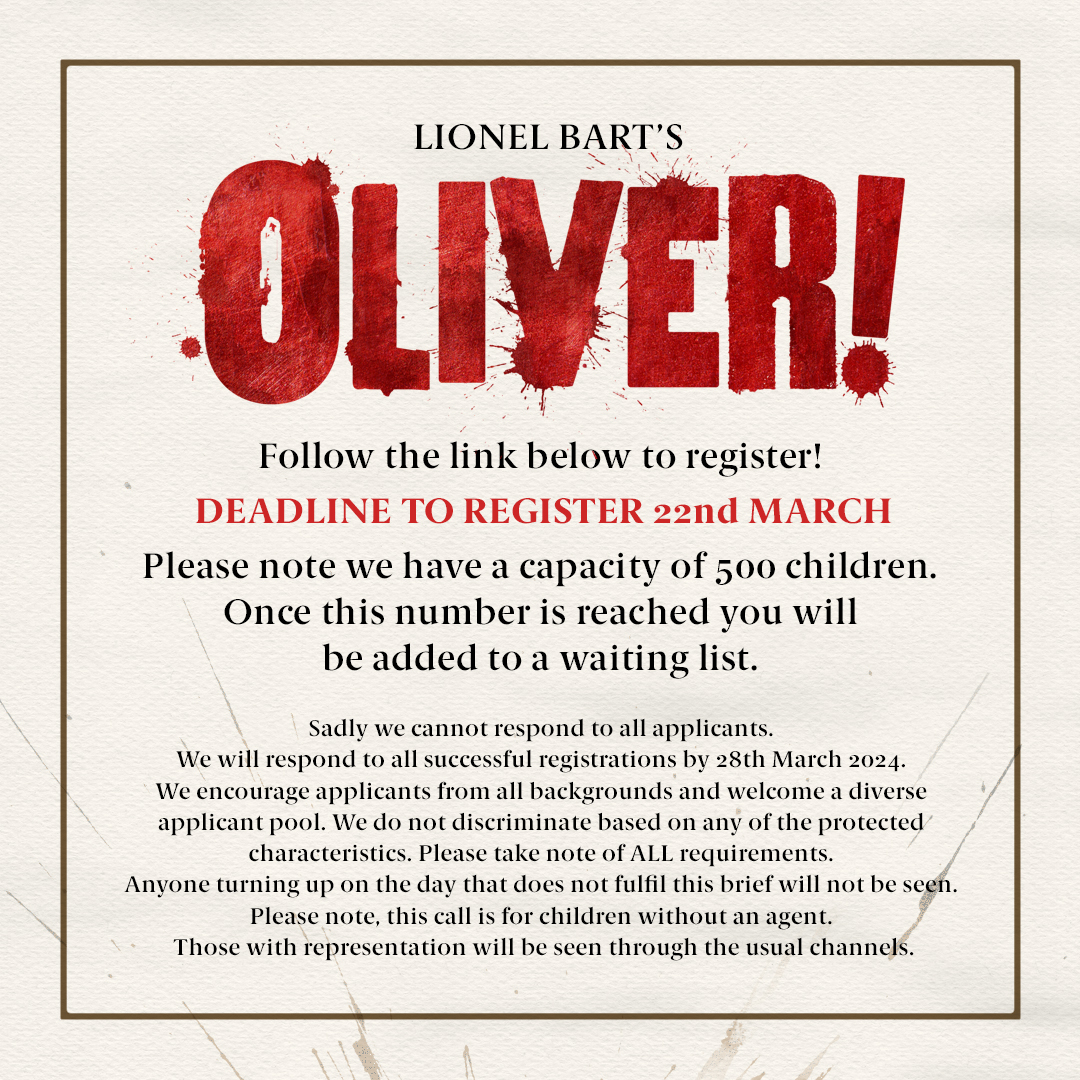 Do you know a child who could play Oliver or a boy in Fagin’s gang? To sign up for our open casting call, click the following link: eventbrite.co.uk/e/oliver-open-… #Oliver #OliverTheMusical #OpenAuditions #CameronMackintosh #ChichesterFestivalTheatre @ChichesterFT