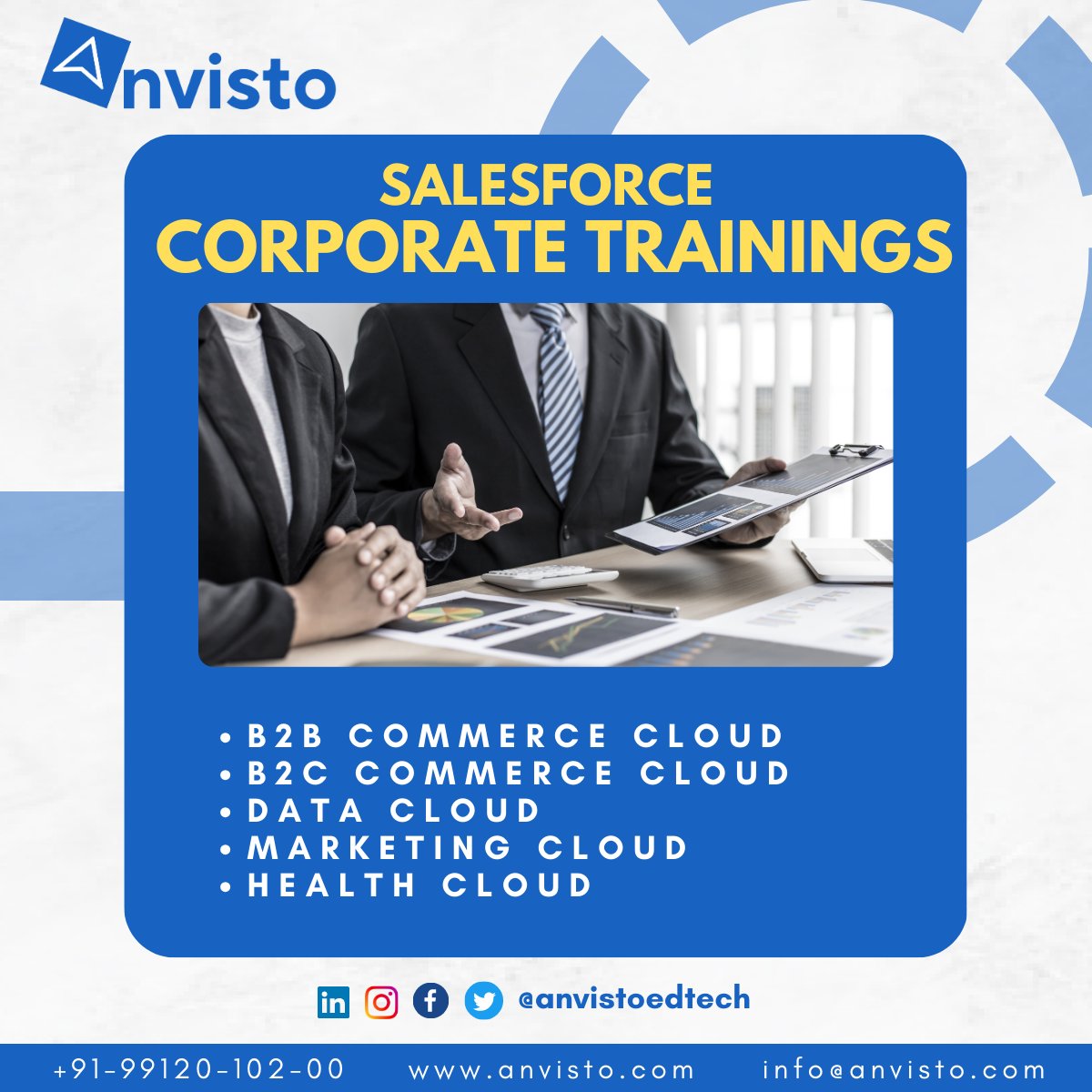 Reach Out For Corporate Trainings info@anvisto.com

@anvistoedtech

#anvisto #salesforce #trainer #corporatetraining #corporate #salesforceb2b #salesforceb2c #salesforcelwc #salesforcedevelopment #salesforceadmin #training #salesforce #datascience #datasciencetraining #aitraining