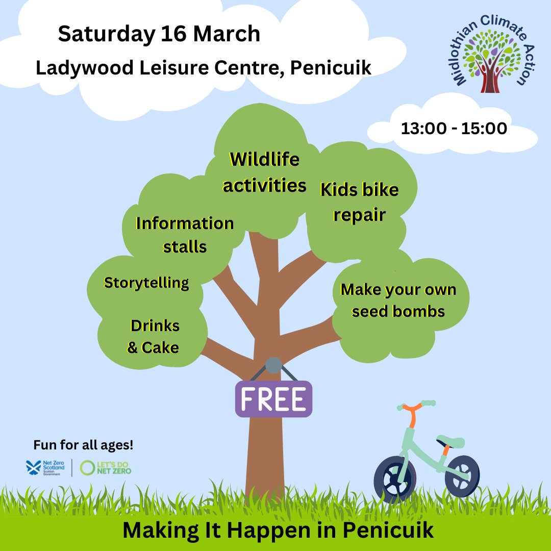 🌞Want to find out what's happening in and around Penicuik to do with living sustainably? 🌞Just looking for a fun Saturday and to meet new people? Come to @llc_penicuik this Sat, 16th March 1-3pm for our third outreach event! More information at: midlothianclimateaction.org.uk/making-it-happ…