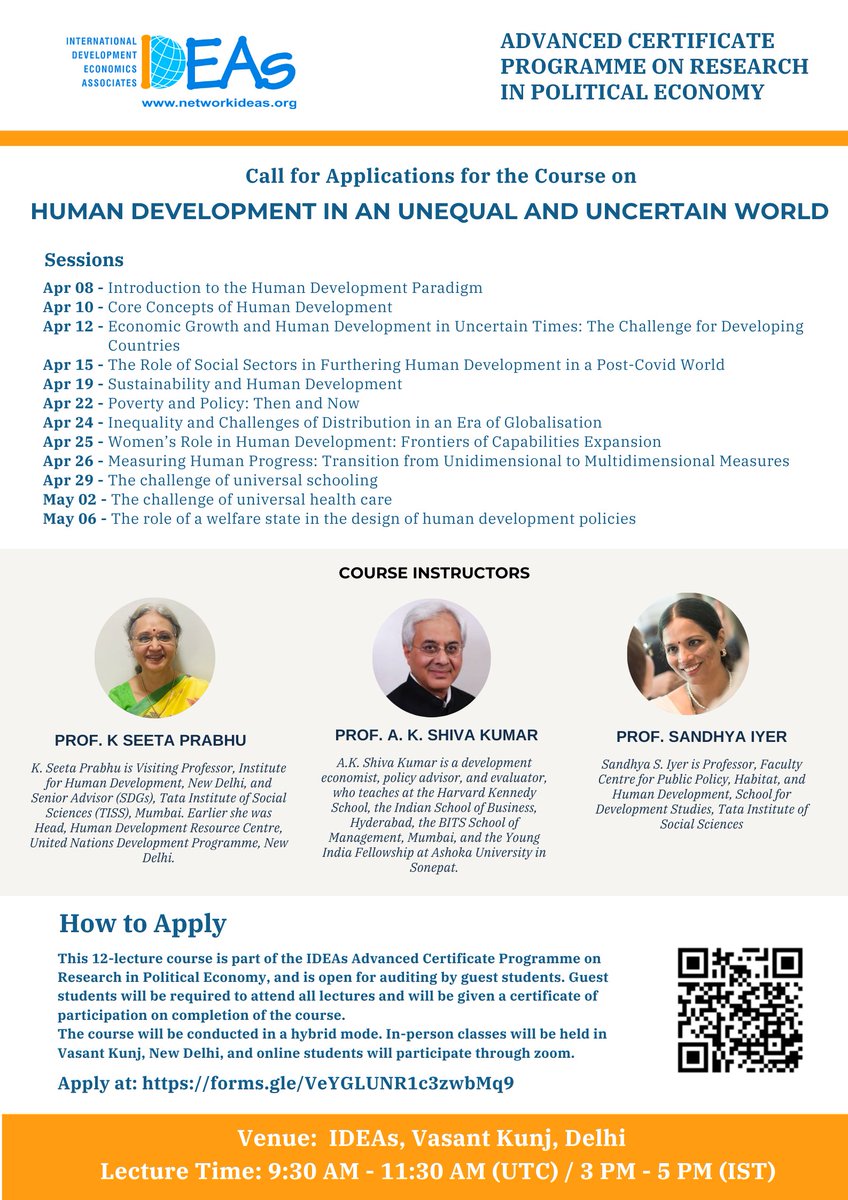 IDEAs (@deveconnetwork) on Twitter photo 📢 Call for Applications! Join our course on "Human Development in an Unequal & Uncertain World"!
Course dates: Apr 8- May 6, 2024
Registration form: bit.ly/43t68X7
Registration deadline: March 30th, 2024
Course Instructors: <a href="/PrabhuSeeta/">Dr. Seeta Prabhu</a>, A K Shiva Kumar, <a href="/SandhyaSIyer2/">Sandhya S.Iyer</a> 📢 Call for Applications! Join our course on "Human Development in an Unequal & Uncertain World"!
Course dates: Apr 8- May 6, 2024
Registration form: bit.ly/43t68X7
Registration deadline: March 30th, 2024
Course Instructors: <a href="/PrabhuSeeta/">Dr. Seeta Prabhu</a>, A K Shiva Kumar, <a href="/SandhyaSIyer2/">Sandhya S.Iyer</a>