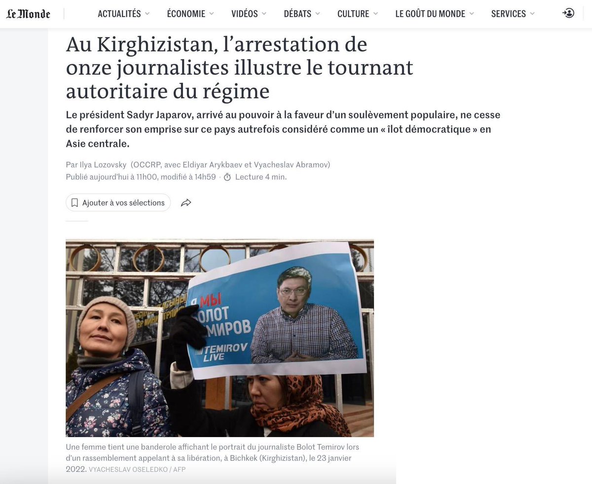 Самая читаемая газета Франции опубликовала статью про наших журналистов и репрессии в Кыргызстане... Только закрыв незаконное уголовное дело и отпустив наших ребят можно хоть чуть-чуть подправить международный имидж Садыра Жапарова и Камчыбека Ташиева... #FreeKyrgyz11