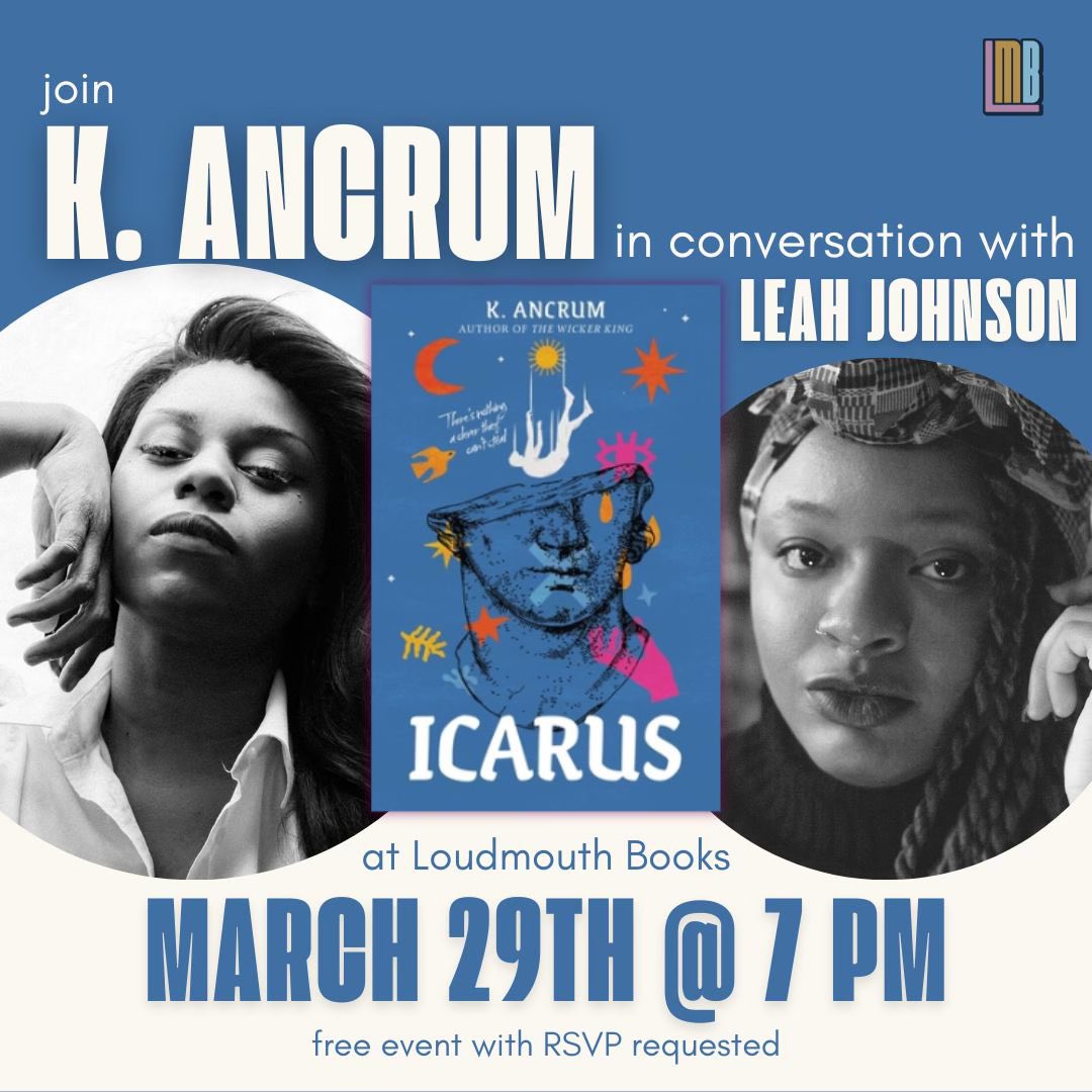 Indy friends! I’m super excited to be in conversation with one of my favorite writers, @KaylaAncrum on 3/29 at @loudmouthindy! ICARUS is such a wonderful book (think PORTRAIT OF A THIEF but make it YA) and I hope you’ll come celebrate it with us ✨ eventbrite.com/e/k-ancrum-in-…