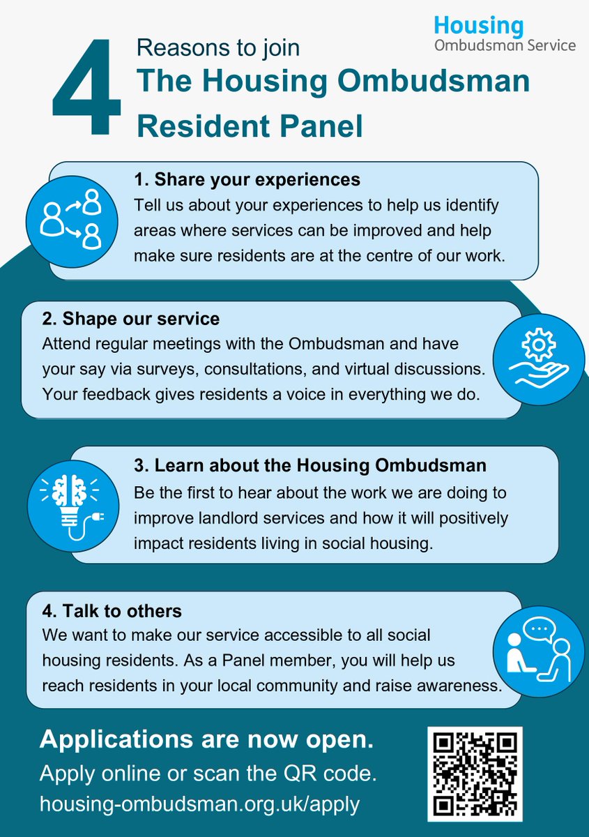The Housing Ombudsman is inviting social housing residents in England to apply to join its Resident Panel Applications are open now and will close on 30 April 2024 For more information and to apply, visit: housing-ombudsman.org.uk/residents/resi… #HousingOmbudsman #mhshomes #teammhs