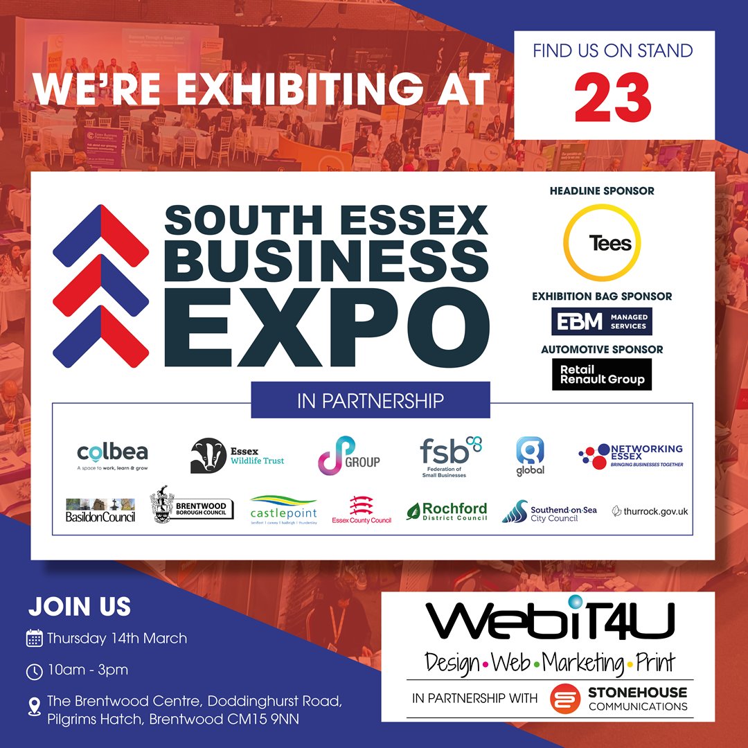 Catch us at the South Essex Business Expo on March 14th at The Brentwood Centre! Find us at Stand 23 with Stonehouse Communications from 10am-3pm. Explore our marketing solutions - websites, social media and branding. See you there! #SouthEssexBusinessExpo #Branding #Marketing