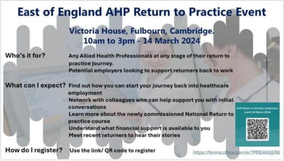 Looking forward to Thursday's celebratory event for those returning & supporting returners to practice. It's not too late to register @BeverleyHarden @NatashaPisarski @EEAST_ACL @EEAST_Safety @NHSEastEngland @chrisol1 @CambsPboroAHPs @CambChildrens please share #Iamreadytoreturn