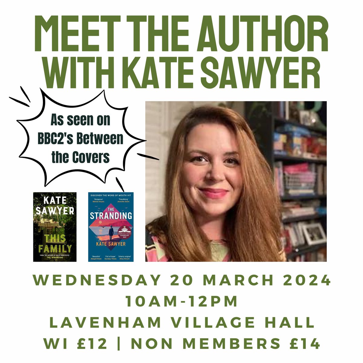 It's only a week until our audience with Bury St Edmunds author @KateSawyer 💚 Kate will be deep diving into her career and her writing, and signing copies of her books. Have you got your ticket? Email us to book or call 01284 336645 (Tue-Thurs from 10am) 💚