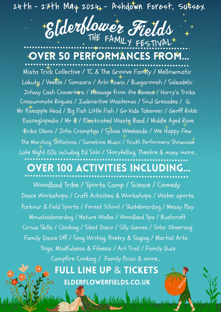 The Elderflower Fields 2024 line-up is out!

24-27th May in the Sussex countryside.

Join our wild family adventure 🌳
