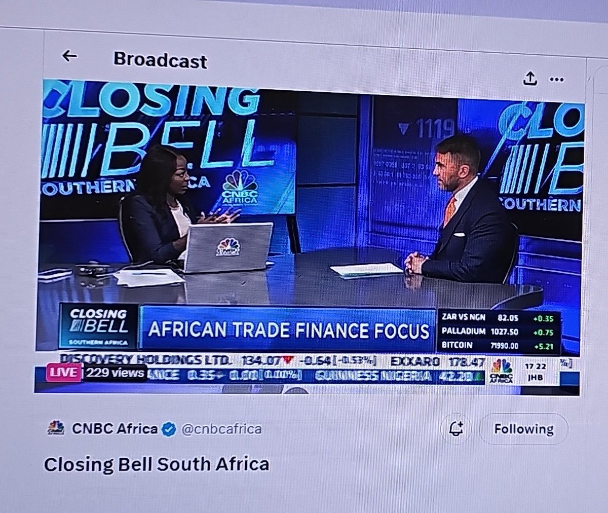 Excited about this. <a href="/cnbcafrica/">CNBC Africa</a>'s #CBSA #Dstv410 live on X.