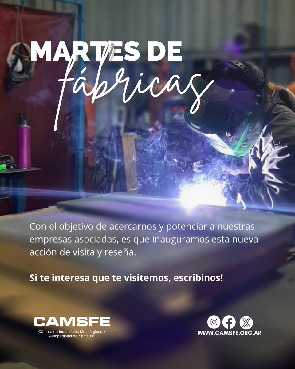 #MartesdeFábricas
Una nueva propuesta llegó a CAMSFE:
Mostrarles de cerca, nuestras 🏭Metalúrgicas, conocer los diferentes procesos, como están compuestas y el empuje que significan para la región. 
🙌🏻 Mañana llega la primer visita.

Acompáñanos y súmate a nuestra familia 🔩⚙️