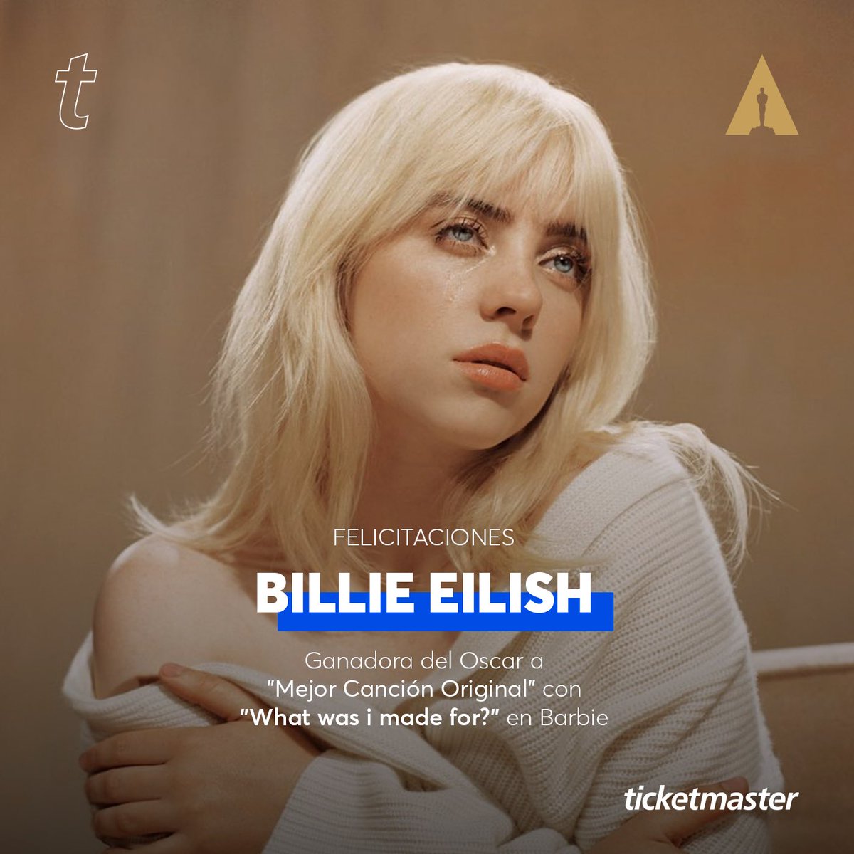 TicketmasterPE's tweet photo. #TMWorld: ¡Felicidades, Genia!🤩
Billie Eilish logra obtener el segundo premio Oscar en su carrera con “What was i made for?” 🏆 Que los éxitos sigan para ti, Billie💙
¿Ya escuchaste esta canción?🥹 https://t.co/BIgiIPoECz