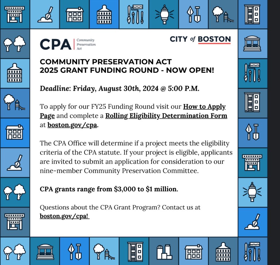 Grant applications for the Community Preservation Act 2025 funding round are open! Please visit the City’s website to learn more and apply. The deadline is Friday, August 30th at 5pm. #bospoli