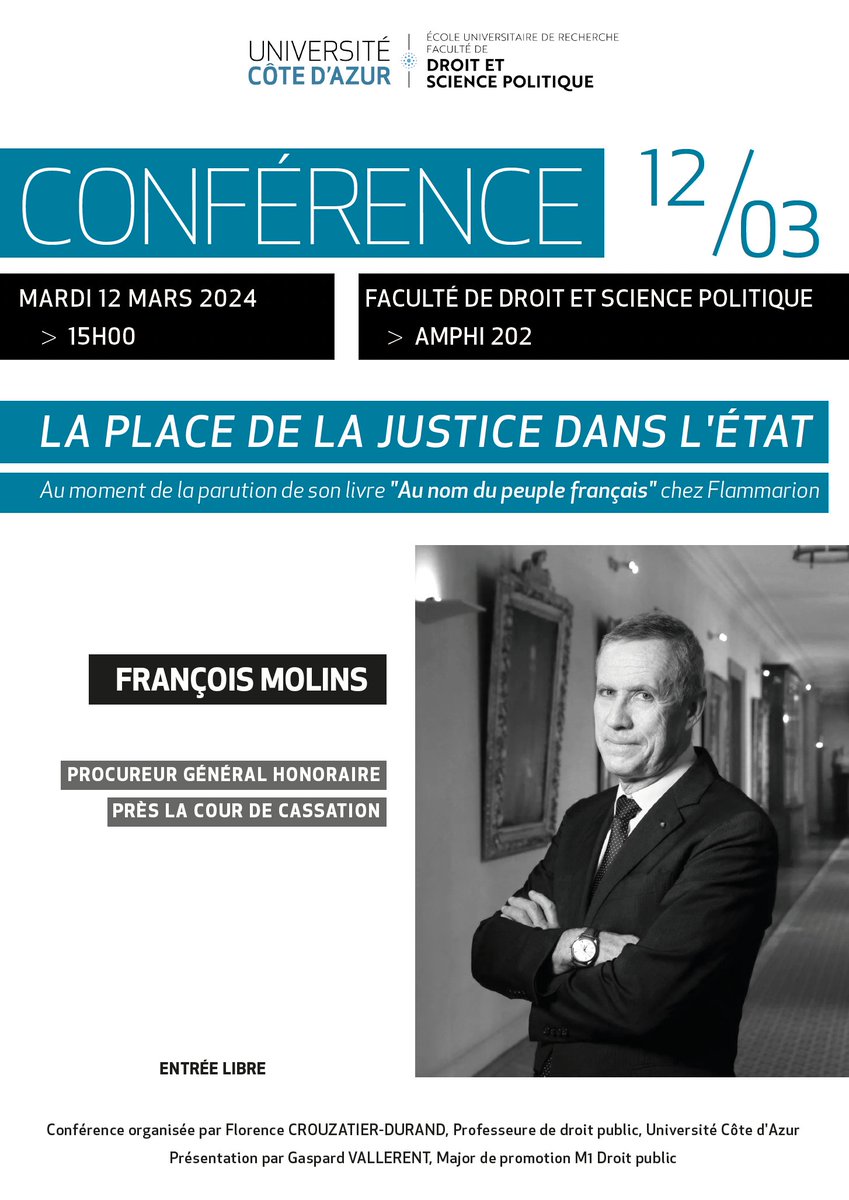 👋 Conférence exceptionnelle de François Molins : La place de la justice dans l'État

🗓️ Demain, mardi 12 mars
📍  <a href="/DroitScPoNice/">DroitSciencePoNice</a> 
👤 Entrée libre