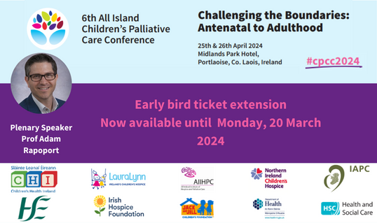 Don't miss out! Early bird deadline extended to Wednesday, 20 March. Join us on 25/26 April to hear the latest developments in Children's Palliative Care. cpcc.ie #cpcc2024