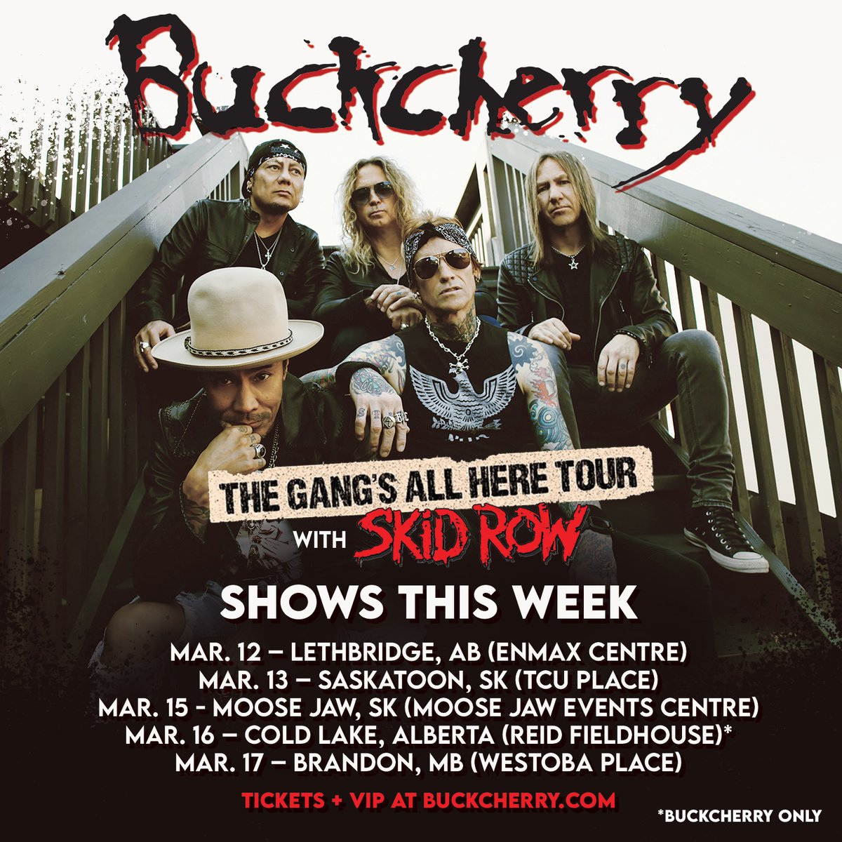 🇨🇦 CANADA 🇨🇦
You've got FIVE CHANCES TO ROCK with us this week!  Four shows with <a href="/OfficialSkidRow/">Skid Row</a> on #TheGangsAllHereTour + a headline date in Cold Lake for good measure!!  Grab your tickets + VIP NOW at buckcherry.com and #LetsGetWild! 👊💥