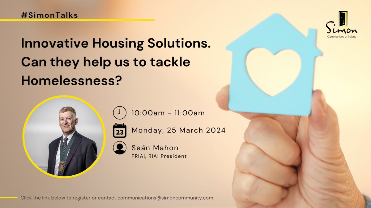 📣#SimonTalks March '24 series takes place 25th March, when we will be joined by Seán Mahon, @RIAIOnline President, for a presentation focused on innovative housing solutions. Register now; 📅Monday, 25th March ⏲️10am - 11am 📌Registrations: us02web.zoom.us/webinar/regist…