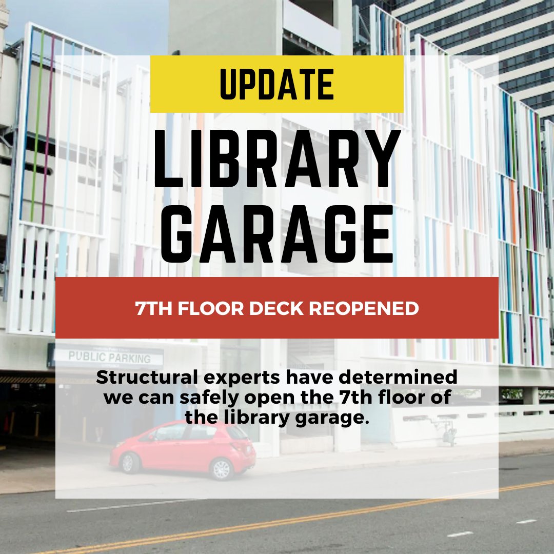 🚨UPDATE: In April 2023, the 7th floor deck of the library garage experienced movement. Since then the steel framing was retrofitted and the garage is safe for use. The 7th floor deck has been reopened with the exception of 17 spaces on the as railing work is being completed.