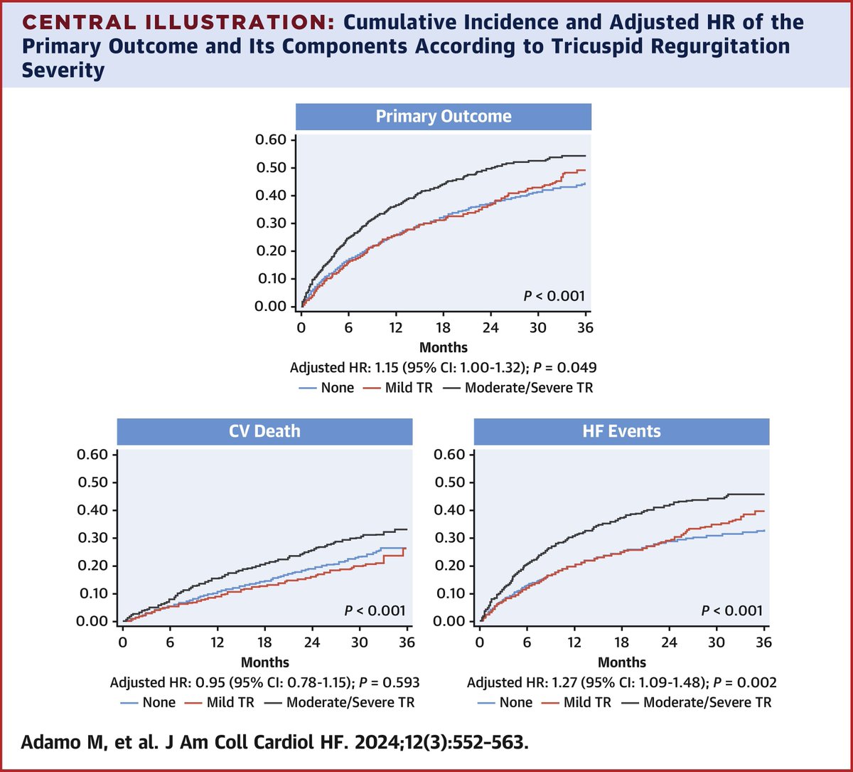 Moderate/severe TR raises #HeartFailure & #CVdeath risk in #HFrEF patients, highlighting the need for TR management. This study also shows that omecamtiv mecarbil’s effectiveness remains unaffected by TR severity. bit.ly/4cc8kGk #JACCHF @MariannaAdamo1 @MarcoMetra