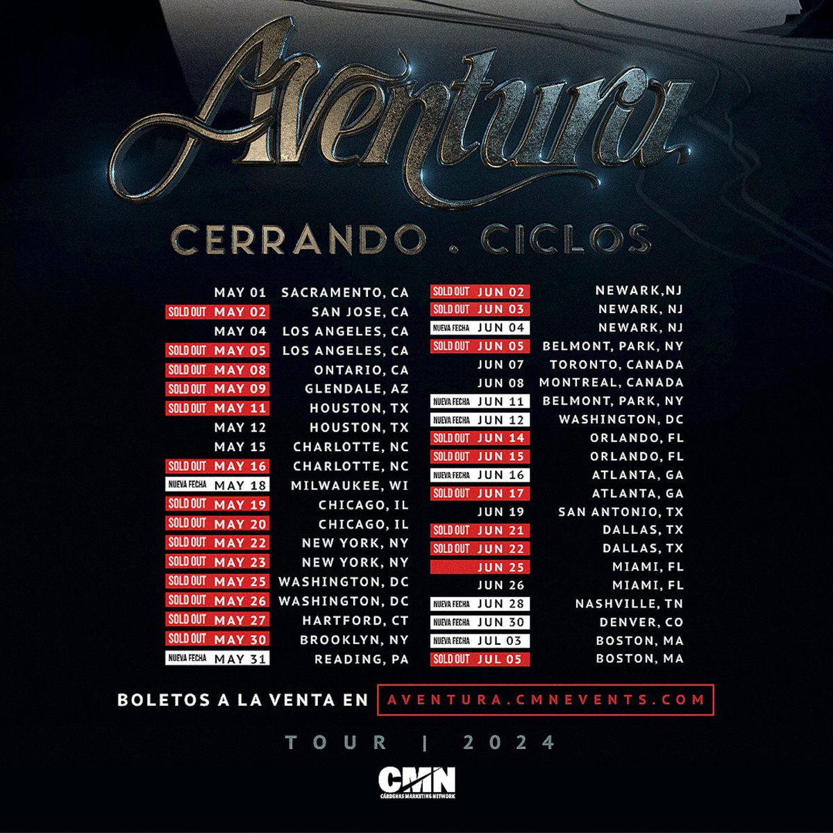 DUE TO HIGH DEMAND, THE KINGS OF BACHATA “AVENTURA” HAVE ADDED NINE SHOW DATES AND FOUR NEW CITIES TO THEIR “CERRANDO CICLOS” TOUR Pre Sale : Thursday March 14th 12PM LOCAL Pre-sale code: Aventura #CerrandoCiclos