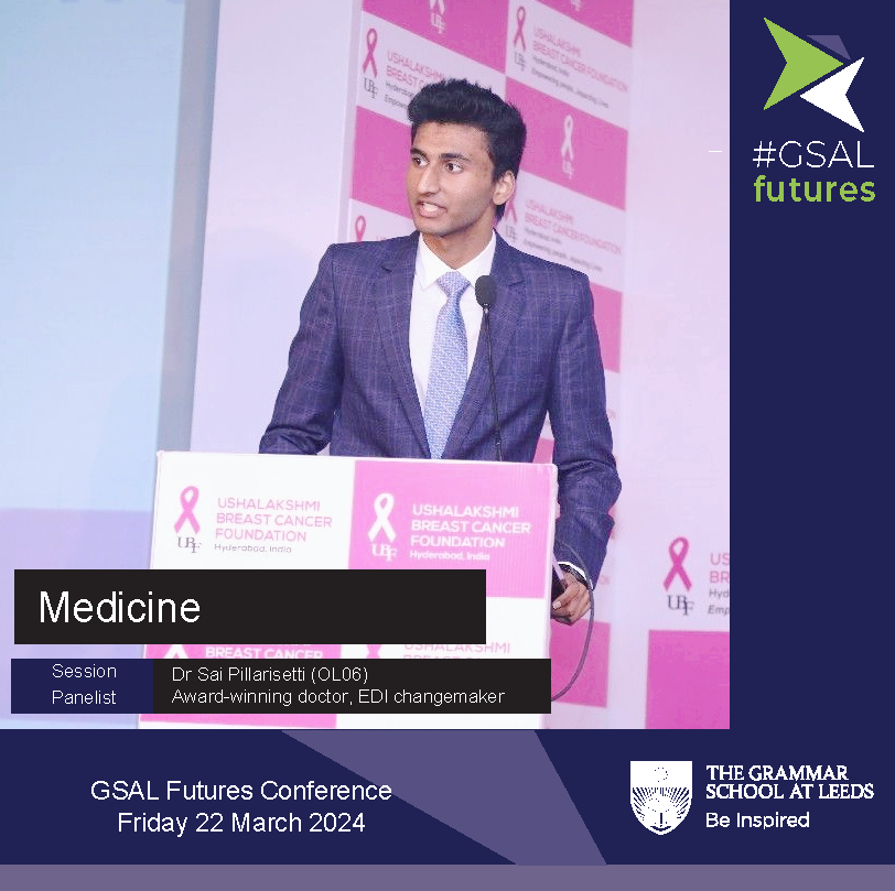 Our #GSALFutures Medicine panel will include Dr Sai Pillarisetti, who developed South Asia's first breast health app and founded the BIDA Student Wing. He's won numerous awards, including The Diana Award, and is currently leading EDI development for a new medical institute.