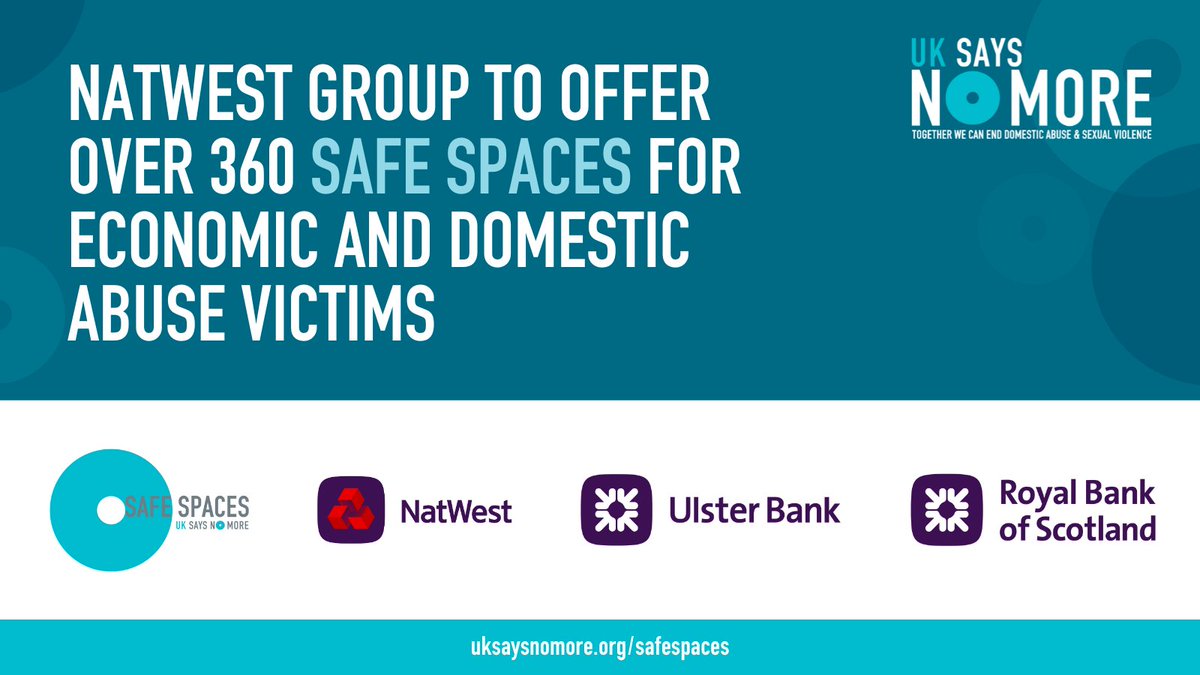 📢 We're pleased to announce that @NatWestGroup will offer #SafeSpaces to people experiencing economic and #domesticabuse in over 360 UK branches including @UlsterBank and @RBS_Help branches. Read more 👉🏾 bit.ly/48JOU8R @NatWest_Help