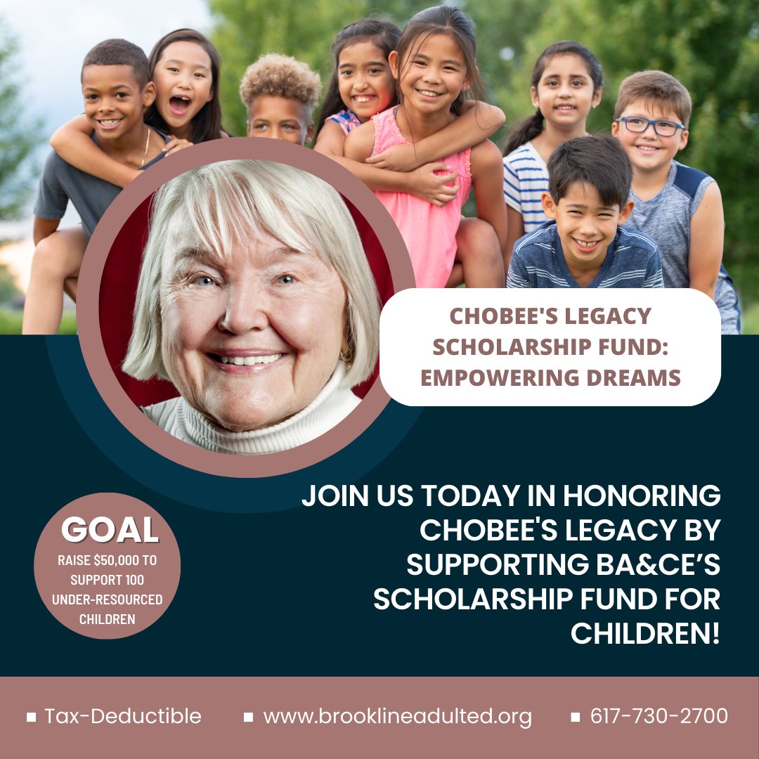 Join us today in honoring Chobee's legacy by supporting BA&CE’s Scholarship Fund for children! Our goal is to raise $50,000 to support 100 under-resourced children. Please donate at qrco.de/beo6pe. #Brooklinema #Brookline #BrooklineAdultEd #EducationForAll