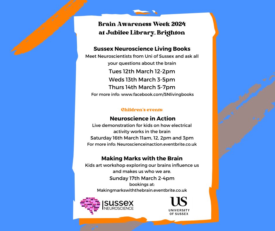 Sussex Neuroscience Living Books - THIS WEEK! Come down to Jubilee Library Brighton to meet some of our Neuroscientists and ask all your curious questions about the brain. Part of Brain Awareness Week 🧠
