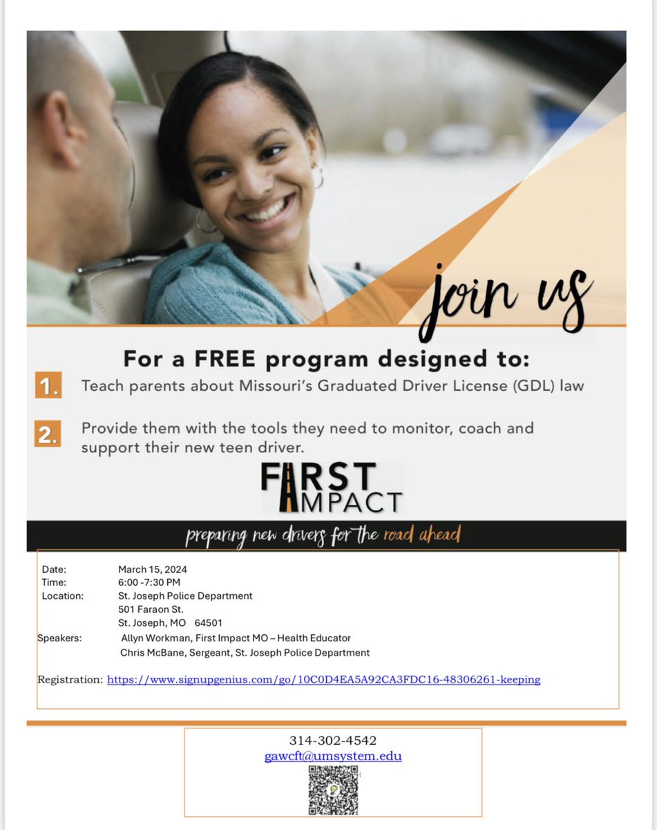 Exciting news for St. Joseph! First Impact will be at the St. Joseph Police Department on March 15th, at 6pm. This invaluable program educates parents on Missouri's Graduated Driver License Law, & helps them support their new teen driver. Don't miss out! #RoadSafety #TeenDrivers