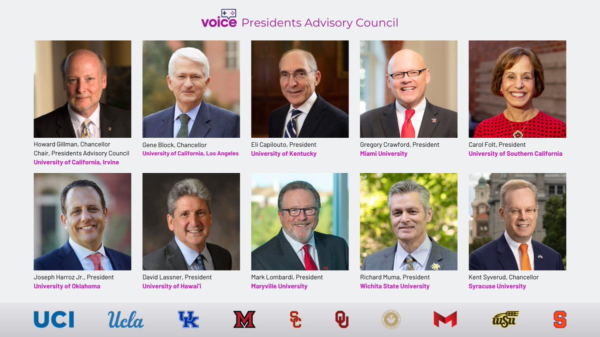 VOICE is proud and excited to announce our Presidents Advisory Council members. It's an honor to have these leaders of higher education help grow collegiate esports into the industry we all know it can become.