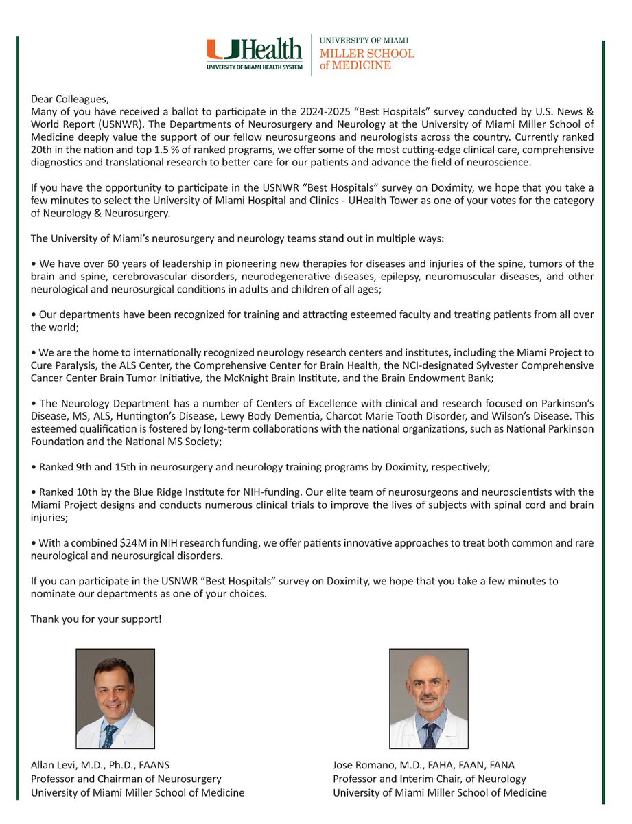 Jose Romano, MD, FAHA, FAAN, FANA (@drjromanoneuro) on Twitter photo If you can participate in the 2024 U.S. News & World Report’s Best Hospitals’ reputation survey, available on Doximity.com! Please consider making us one of your choices. Thank you! <a href="/AllanLeviMD/">Allan Levi, MD, PhD</a> <a href="/UMiamiNeuro/">UMiami Neurology</a> If you can participate in the 2024 U.S. News & World Report’s Best Hospitals’ reputation survey, available on Doximity.com! Please consider making us one of your choices. Thank you! <a href="/AllanLeviMD/">Allan Levi, MD, PhD</a> <a href="/UMiamiNeuro/">UMiami Neurology</a>