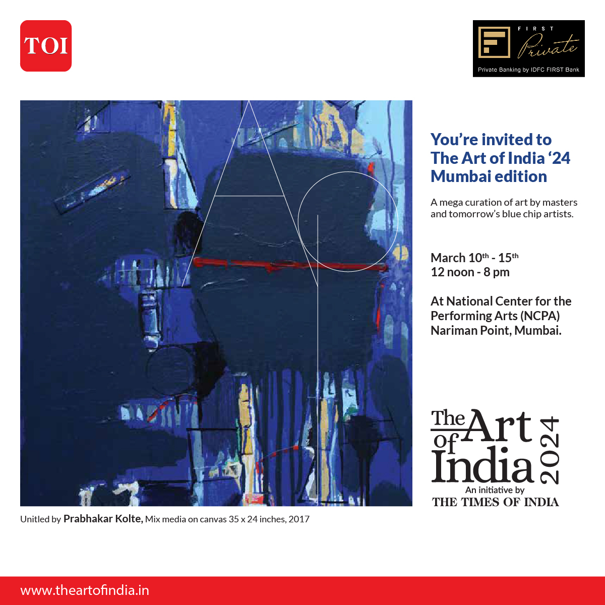 Step into a world of artistic wonder with our featured artists! 

Come witness, from March 10th-15th, 12 noon - 8 pm, at the National Center for the Performing Arts (NCPA), Nariman Point, Mumbai.

#IDFCFIRSTBank #AlwaysYouFirst #IDFCFIRSTPrivate #TheArtOfIndia2024 #TheArtOfIndia
